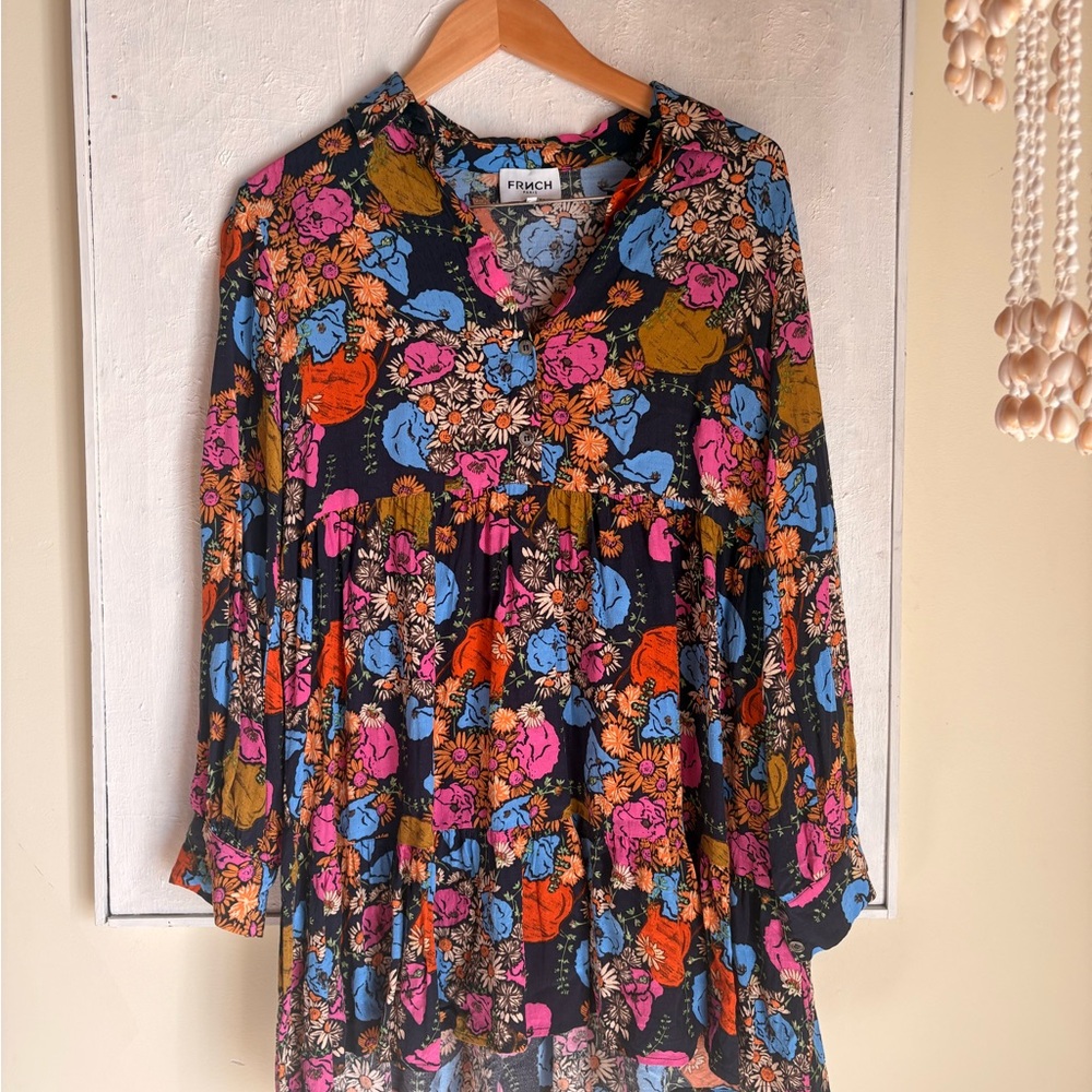 FRNCH Black Tunic with Pink, Blue & Orange Floral Print